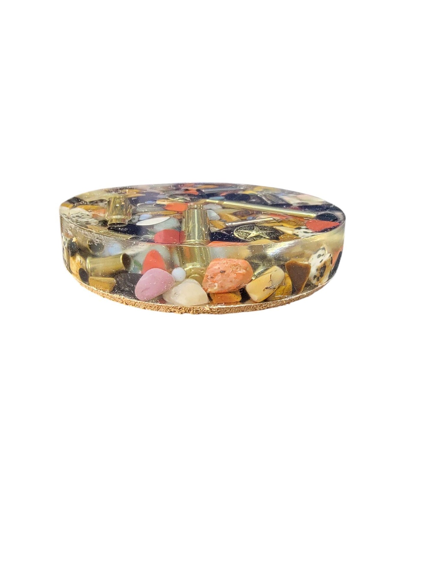 Nature Large Jasper Rocks Drink Coaster, Resin, Genuine Stones, Red Jasper, Yellow Jasper Petrified Wood Obsidian Hematite Brass Cartridge