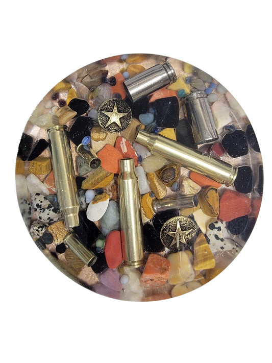 Large Jasper Rocks Coaster Drink Coaster, Resin, Genuine Stones, Red Jasper, Yellow Jasper Petrified Wood Obsidian Hematite Brass Cartridge