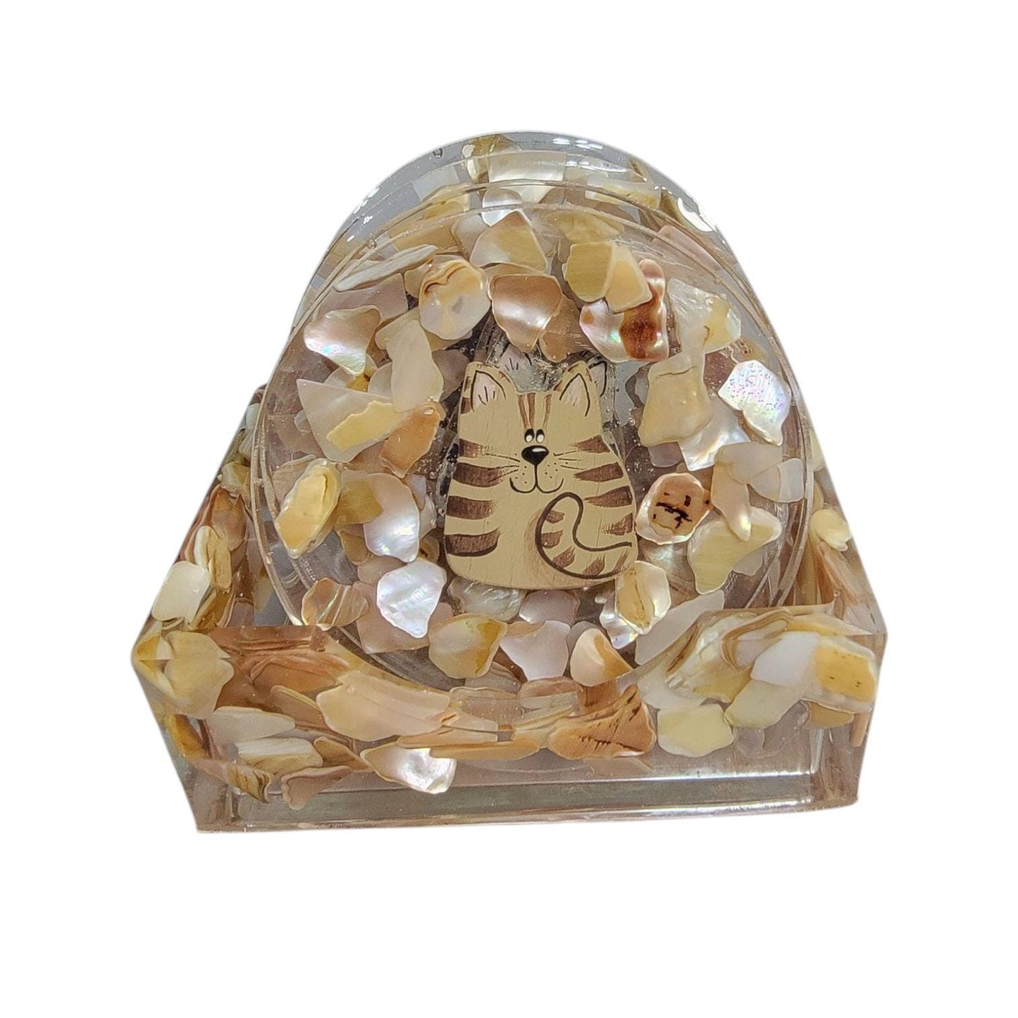 Kitty Cat 4 Coasters Set With Natural Seashell Chips and Resin Holder, One of a Kind, Drink Resin Coaster Set ,Seashell Coasters, Drink