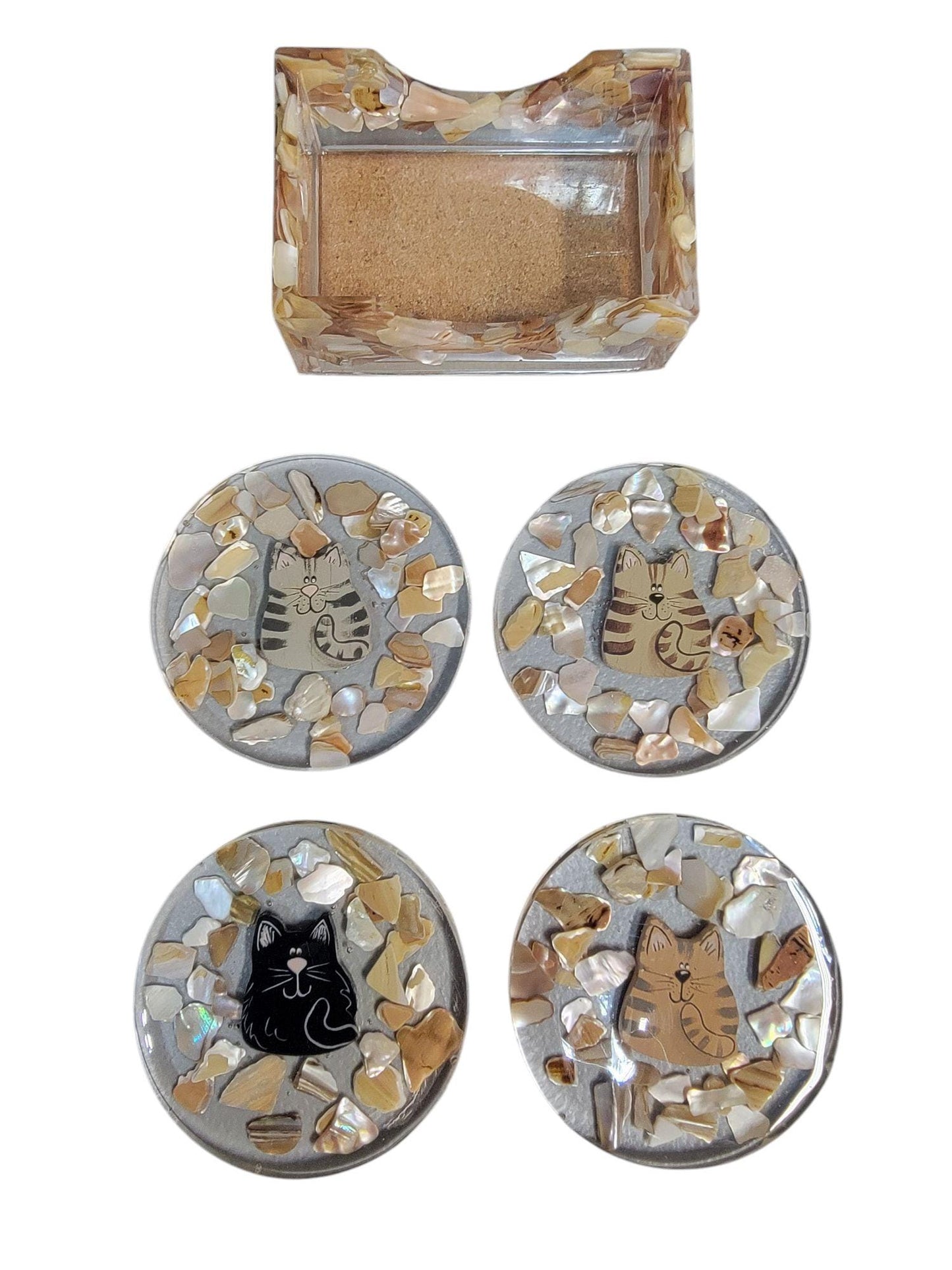 Kitty Cat 4 Coasters Set With Natural Seashell Chips and Resin Holder, One of a Kind, Drink Resin Coaster Set ,Seashell Coasters, Drink