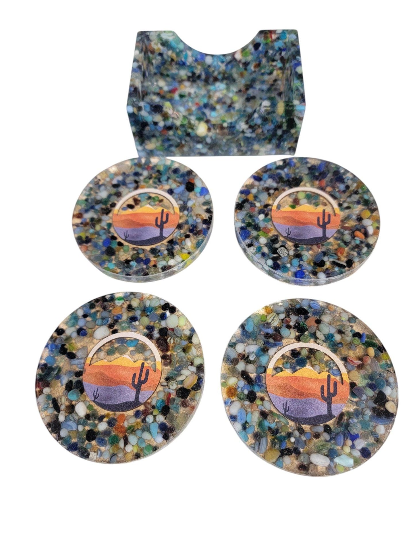Desert Scene Drink Coasters Set of 4 Multi Color Glass Bead Mix with Resin Holder, Resin Coaster, Glass Beads, One of a Kind, Coaster Set