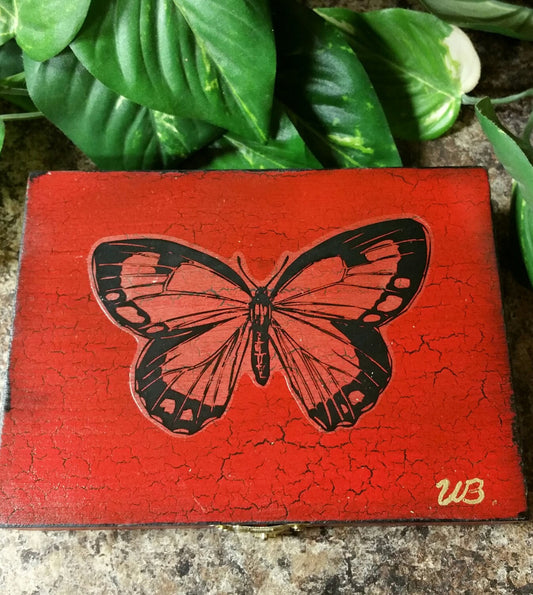 Red  Distressed  Essential Oil Box with Butterfly, Oil Safe, Wooden Box