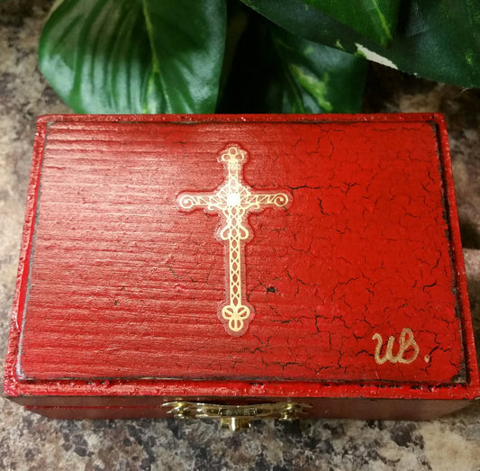 Hand Crafted Wooden Small Box Red Distressed  Cross, Prayer Beads, Rosary, Memory, Jewelry, Tooth fairy box, Baby box, trinket box