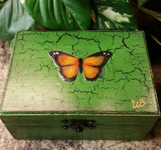 Hand Crafted Wooden Box Orange Butterfly, Memory, Jewelry, Tooth fairy box, Baby box, trinket box