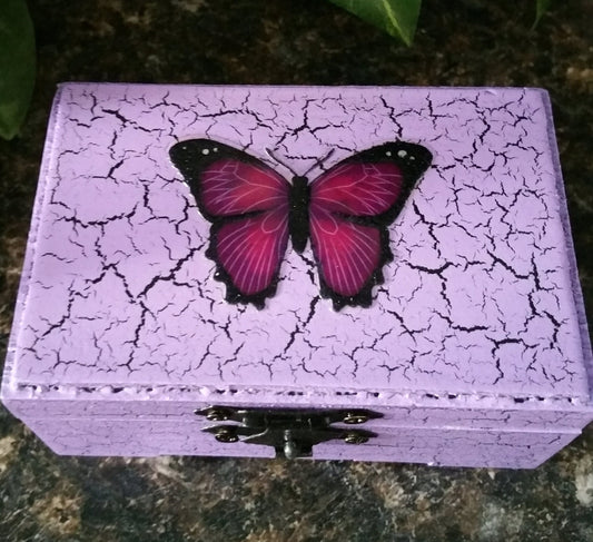 Hand Crafted Wooden Small Box "Purple Butterfly", Memory, Jewelry, Tooth fairy box, Baby Hair Box