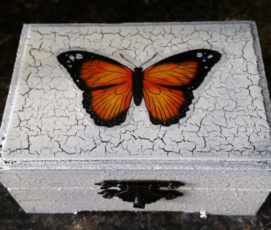 Hand Crafted Wooden Small Box "Beautiful Orange  Butterfly", Memory, Jewelry, Tooth fairy box, Baby Hair Box