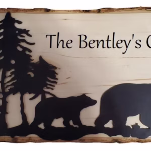 Engraved Live Edge Wood Sign: Momma & Baby Bear, Mountain Scene