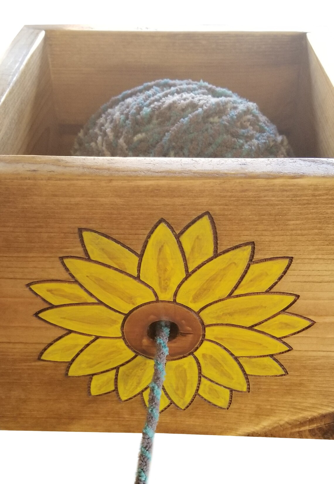 Engraved Sunflower Yarn Box, Wooden Knitting Storage, Personalized Craft Box - Image 7