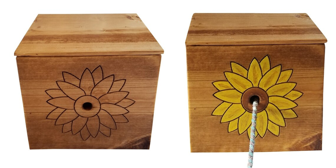 Engraved Sunflower Yarn Box, Wooden Knitting Storage, Personalized Craft Box