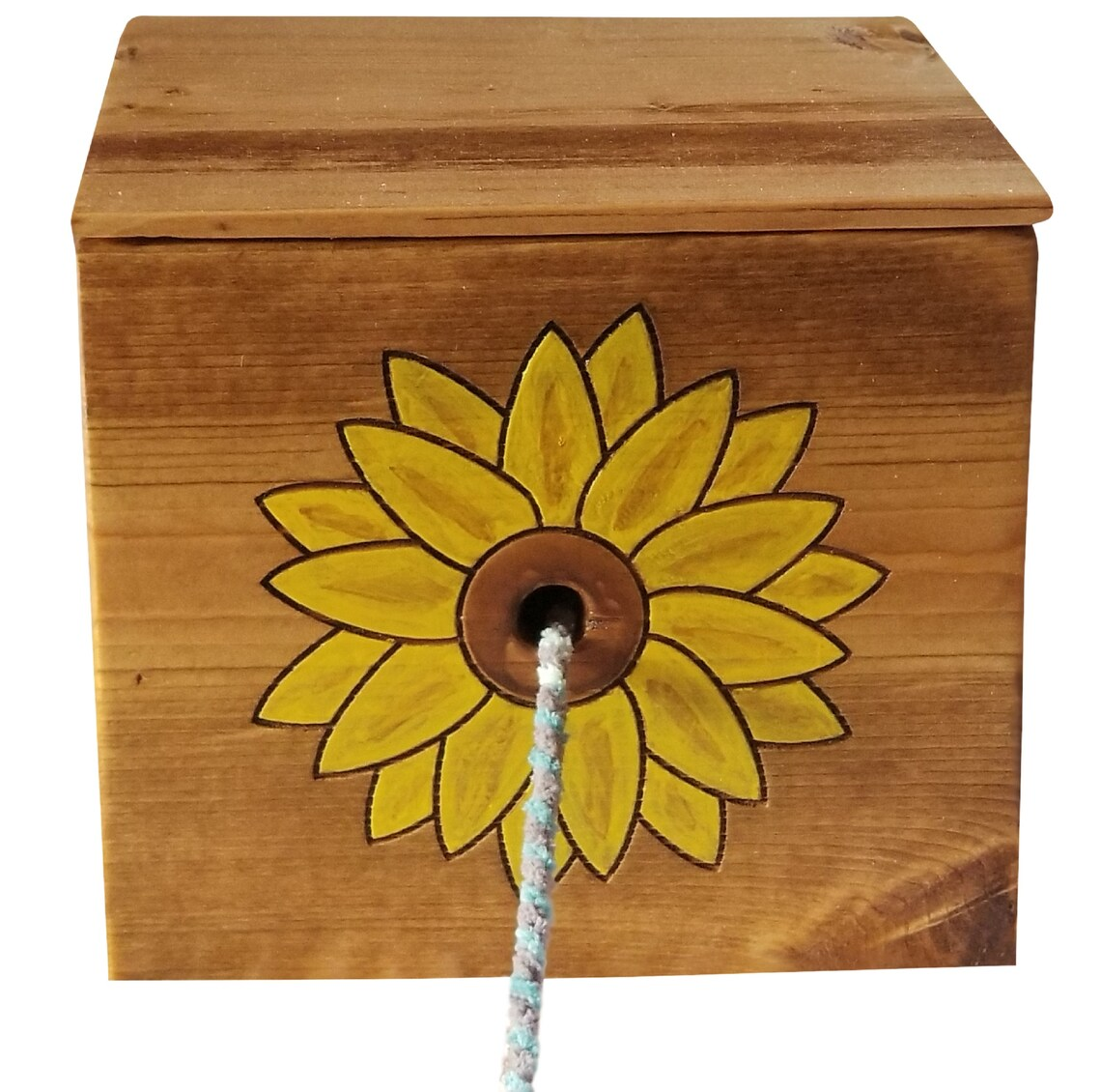 Engraved Sunflower Yarn Box, Wooden Knitting Storage, Personalized Craft Box - Image 2