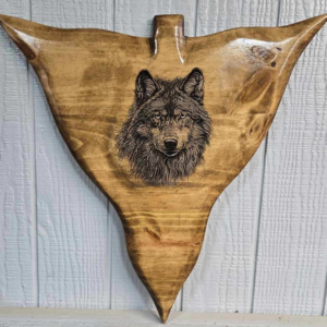 Engraved Wolf Wood Arrow Head, Hand Painted Wall Art