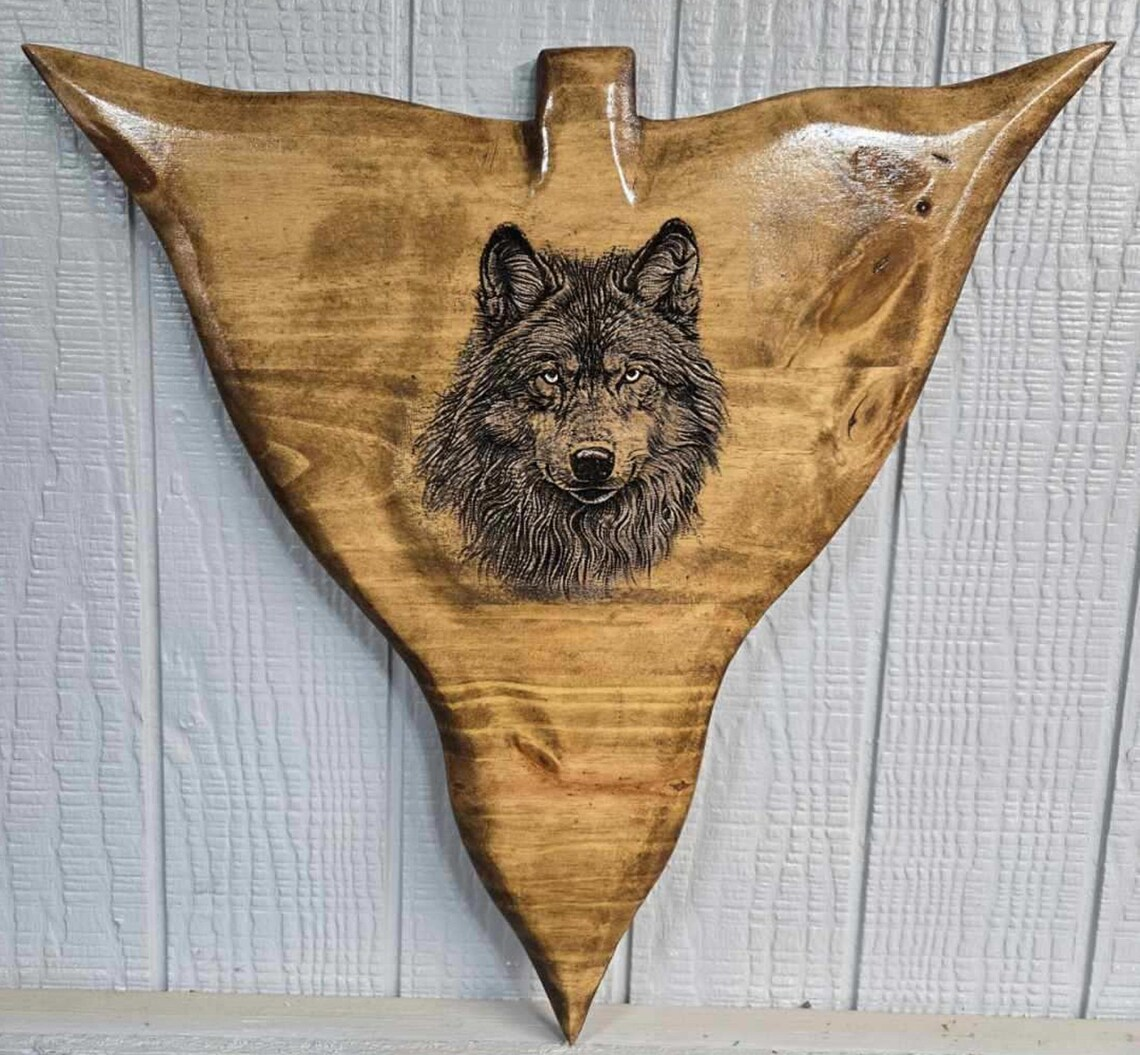 Engraved Wolf Wood Arrow Head, Hand Painted Wall Art