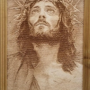 Engraved Wood Jesus Portrait, Crown of Thorns, 8x10 Framed