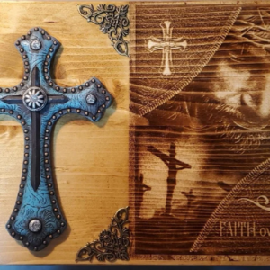 Faith Over Fear Engraved Jesus Handmade Wooden Bible Box with Blue Cross, Memory Box, Religious Box, Bible Case, Memorial Box, Keepsake Box