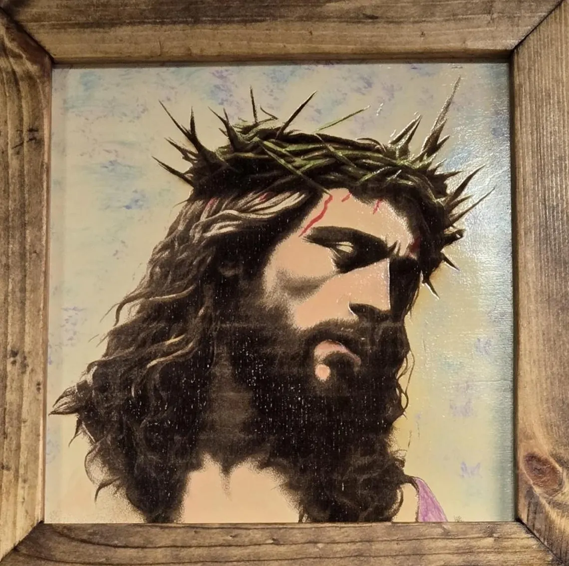 Hand Painted Jesus Crown of Thorns Art, Laser Engraved Wood, Rustic Frame