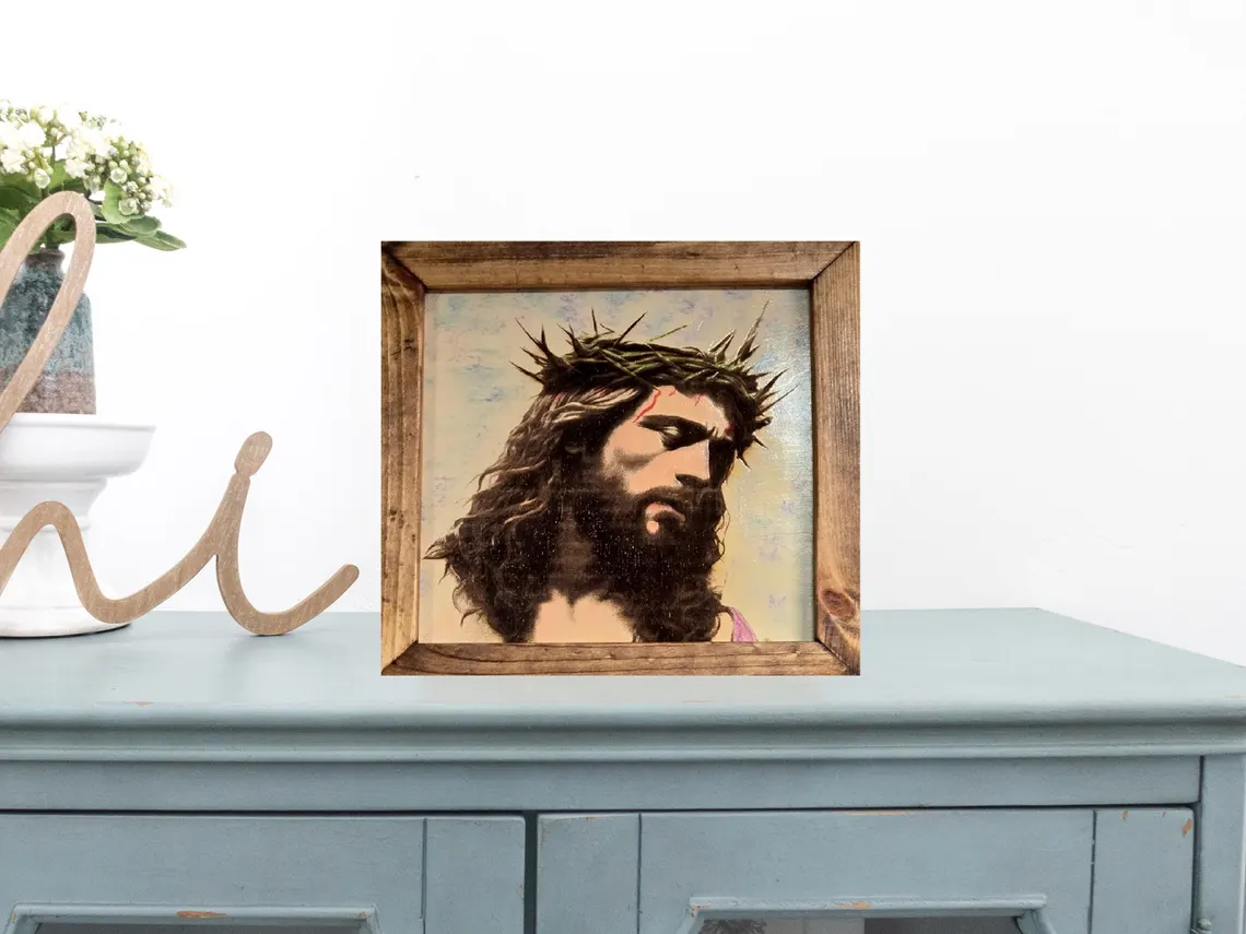 Hand Painted Jesus Crown of Thorns Art, Laser Engraved Wood, Rustic Frame - Image 2