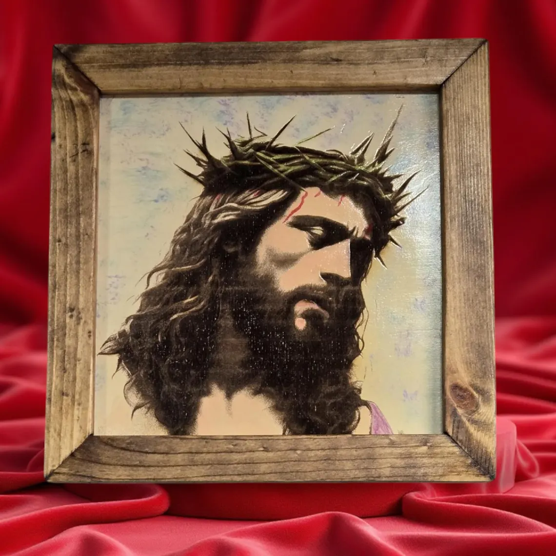Hand Painted Jesus Crown of Thorns Art, Laser Engraved Wood, Rustic Frame - Image 3