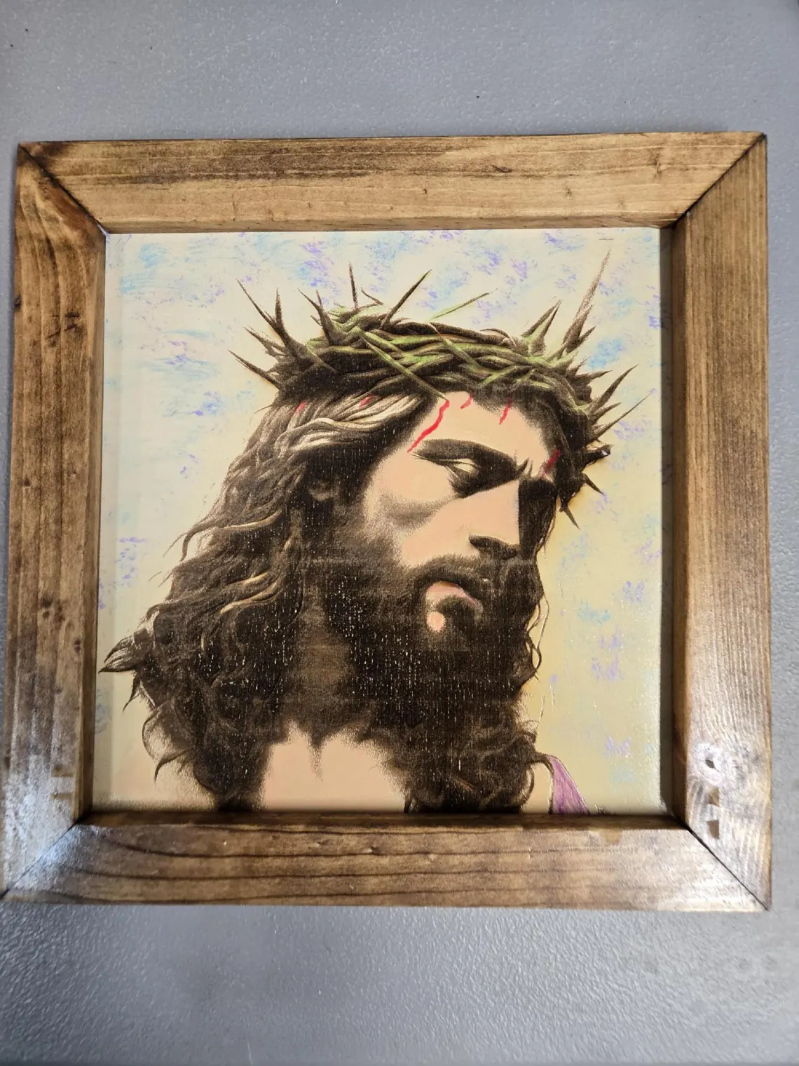 Hand Painted Jesus Crown of Thorns Art, Laser Engraved Wood, Rustic Frame - Image 5
