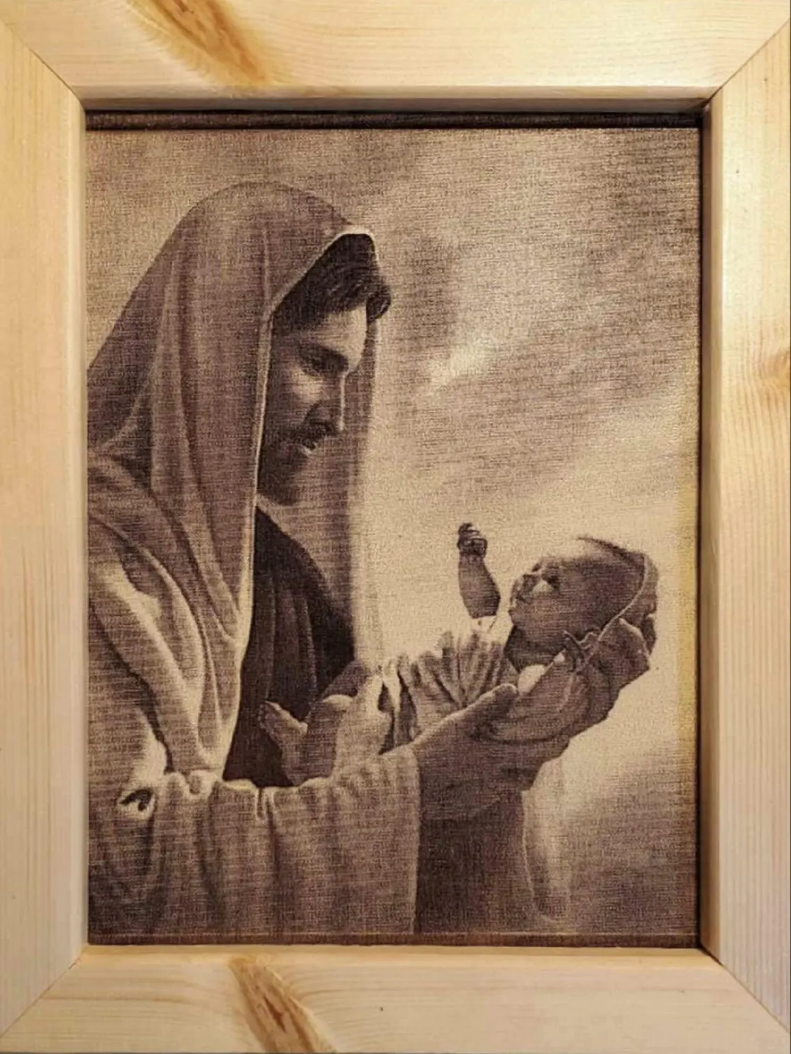 Jesus Holding Baby Wood Engraved Picture, Religious Wall Art